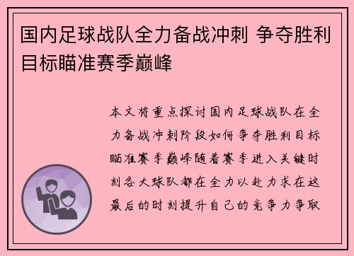 国内足球战队全力备战冲刺 争夺胜利目标瞄准赛季巅峰