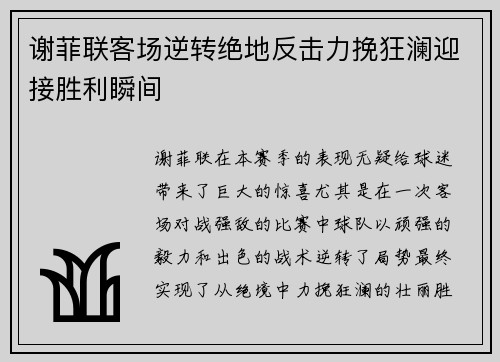 谢菲联客场逆转绝地反击力挽狂澜迎接胜利瞬间