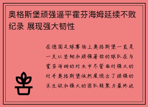 奥格斯堡顽强逼平霍芬海姆延续不败纪录 展现强大韧性