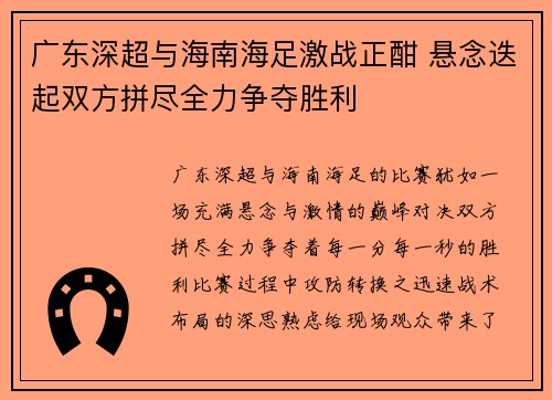 广东深超与海南海足激战正酣 悬念迭起双方拼尽全力争夺胜利