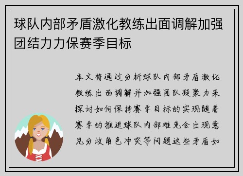球队内部矛盾激化教练出面调解加强团结力力保赛季目标